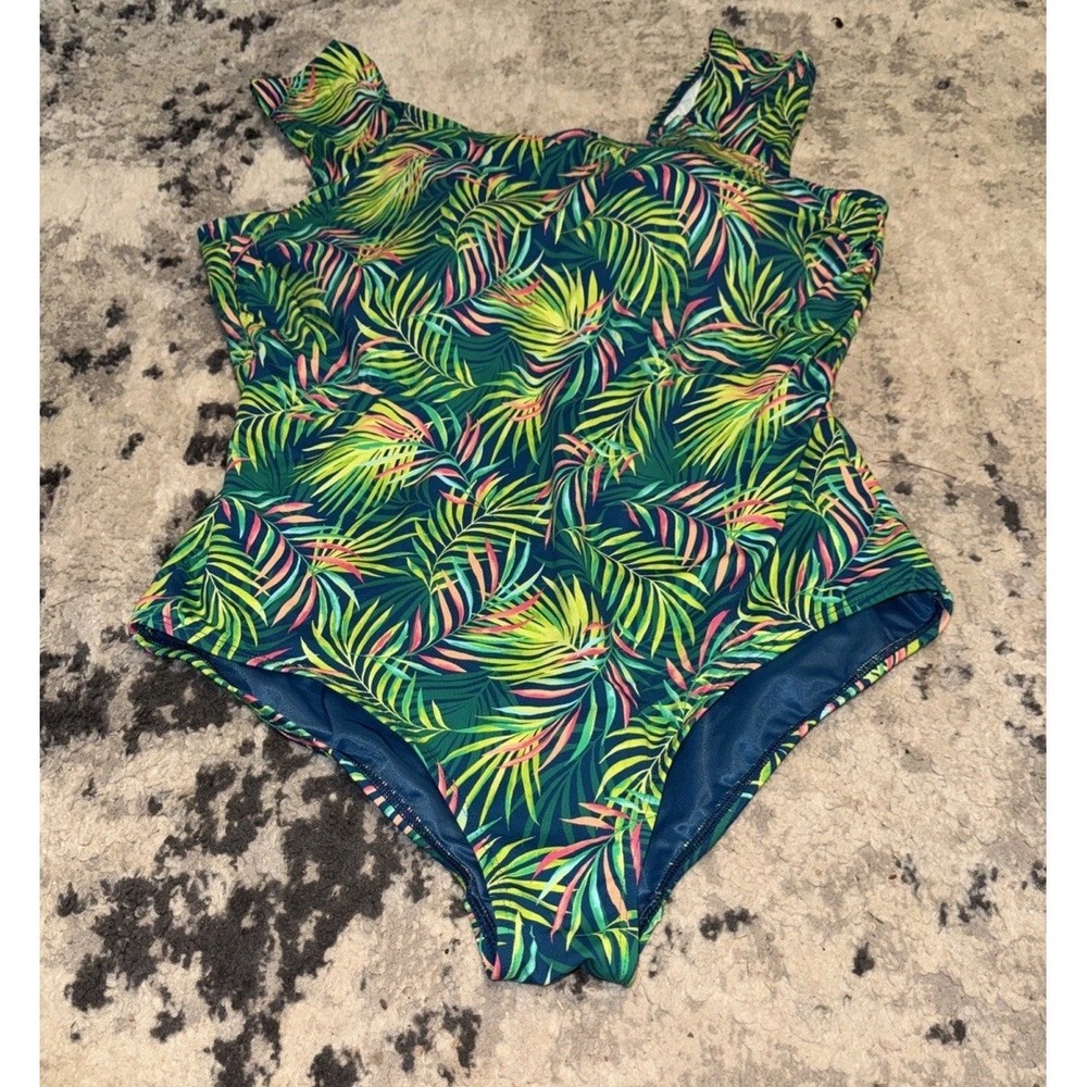 Lands End Womens Plus Sz 20W Green Pink Palm Swimsuit One Piece Shelf Bra NEW